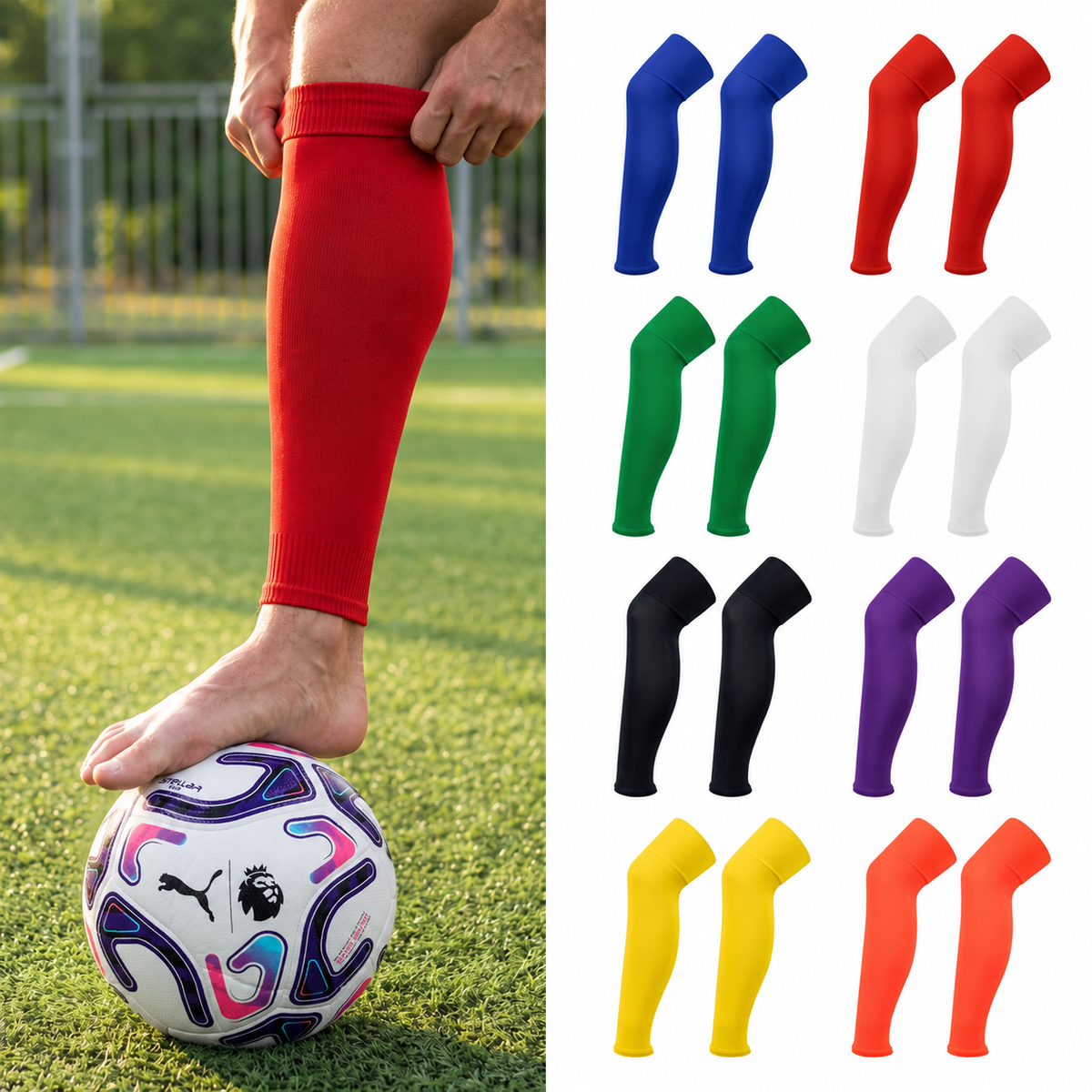 GT Pro Sleeve Socks in 8 kleuren: blauw, rood, groen, wit, zwart, paars, geel en oranje, voetloze voetbalkous aan het been | GT Sport Selection
