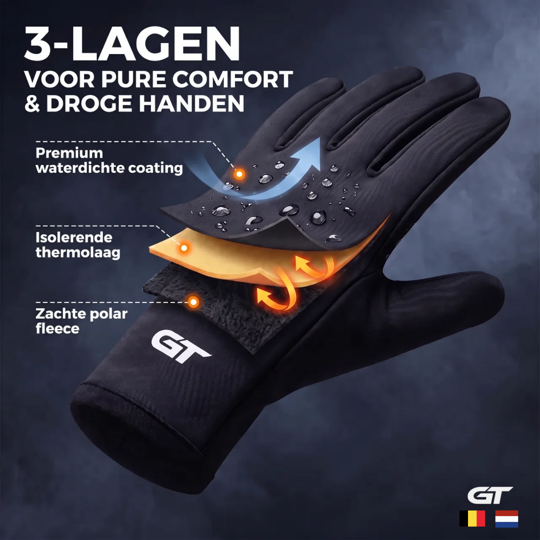Opbouw GT Field Player Gloves: waterdichte coating, thermolaag en zachte fleece voering