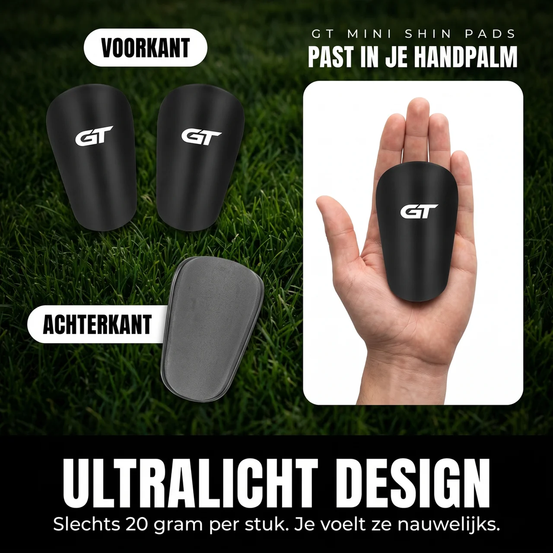 GT Mini Shin Pads zwart, voor- en achterkant, past in je handpalm | GT Sport Selection