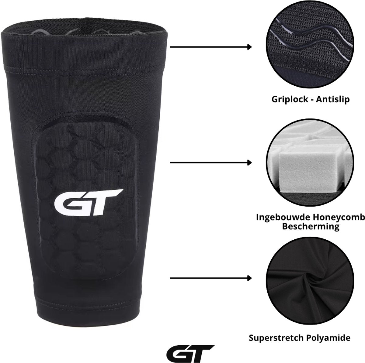 GT Sleeve Shin Pads met Griplock antislip, ingebouwde honeycomb bescherming en superstretch polyamide | GT Sport Selection