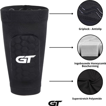 GT Sleeve Shin Pads met Griplock antislip, ingebouwde honeycomb bescherming en superstretch polyamide | GT Sport Selection